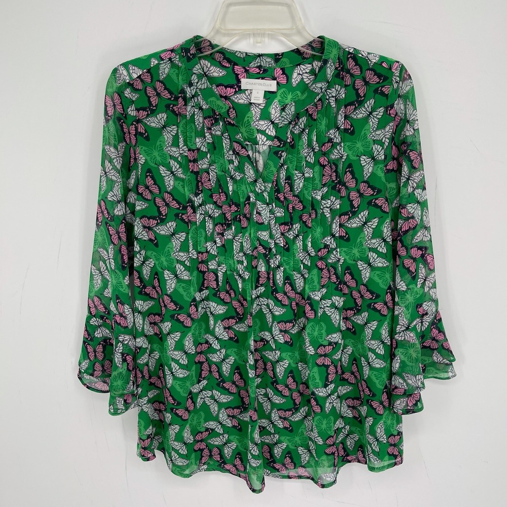 Charter Club Women's Green Pink Butterfly Pleated Bell Sleeve Top Blouse Size S